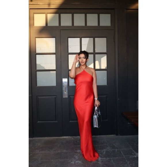 Line & Dot Kira Maxi Dress in Tomato Red Medium New Womens Satin Gown - Picture 9 of 14